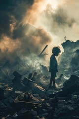 Obraz premium A person stands in front of a pile of rubble, perhaps after a natural disaster or demolition