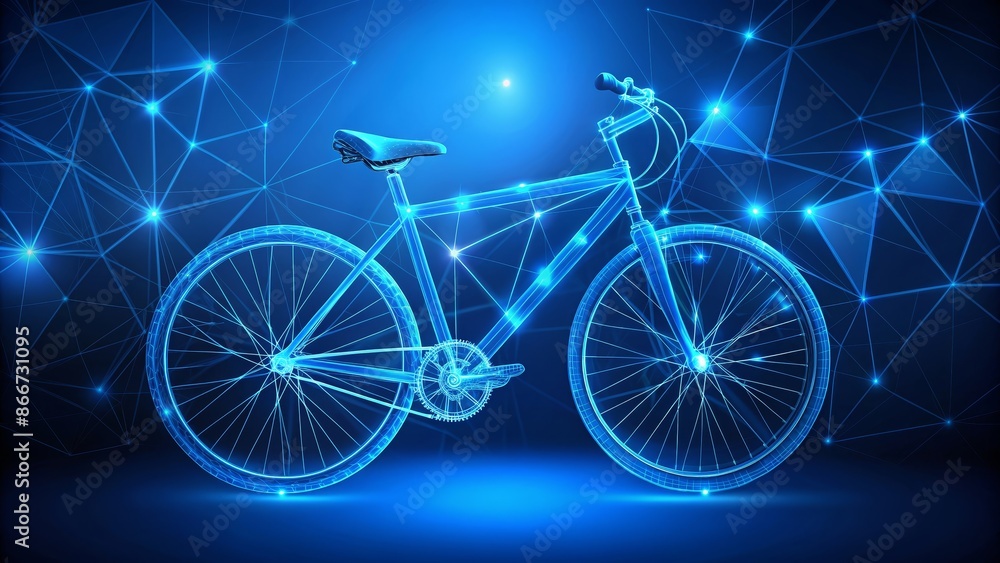 Poster wireframe bicycle on a blue network background - a wireframe bicycle is displayed against a vibrant 