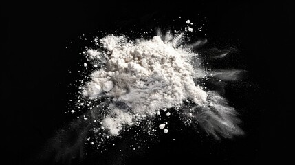 A close-up shot of a pile of white powder on a black background