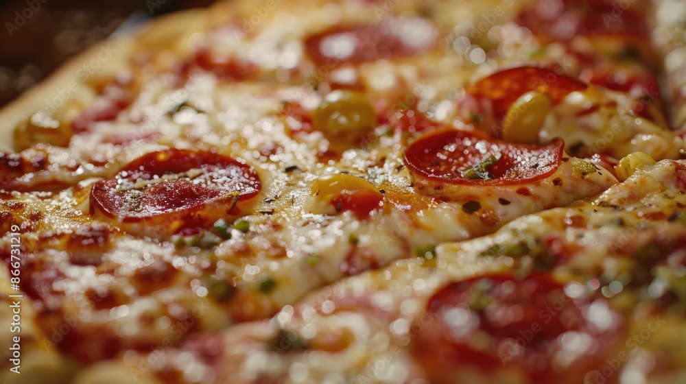 Sticker A close-up shot of a delicious-looking pizza topped with pepperoni and melted cheese