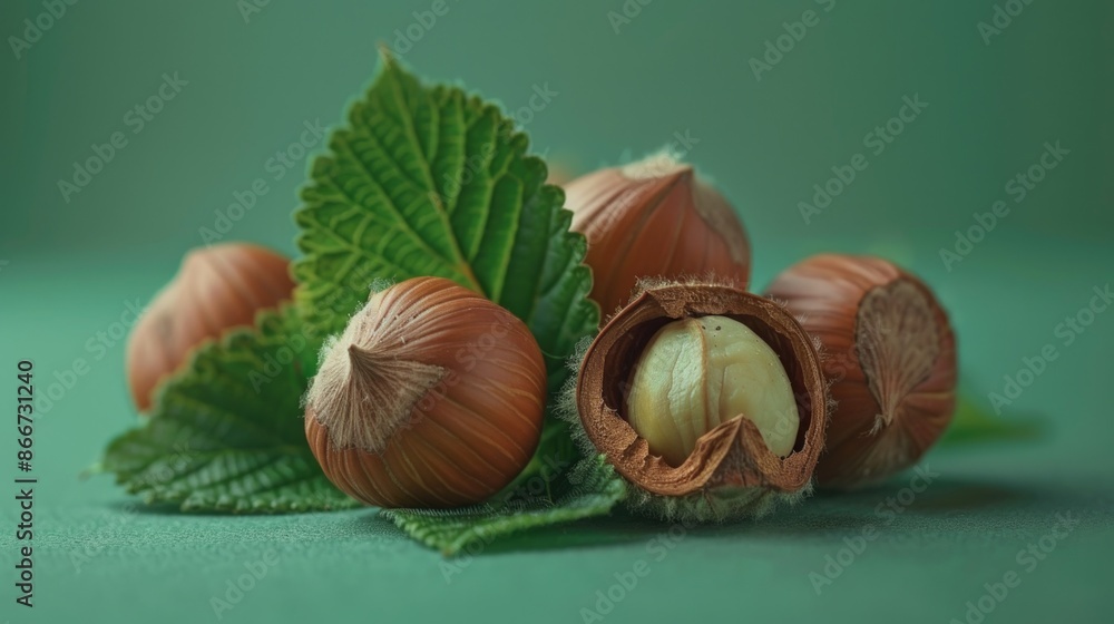 Aufkleber a cluster of nuts with leaves on a natural green background, great for using in designs about nature