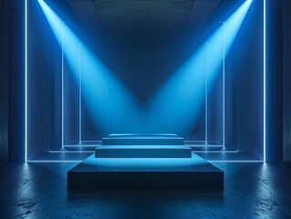 Surreal Blue Spotlight on Dark Stage: A Hyper-Realistic 3D Rendering of Minimalist Performance Space