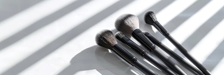 set of stylish professional makeup brushes and scattered beautiful shadows, on white background, 