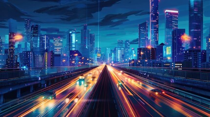 Fototapeta premium City nights: A bustling highway with glowing headlights and light trails from passing cars leads to a towering, illuminated city skyline, capturing urban energy