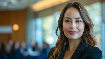 Fototapeta premium Female speaker at a conference with a confident and expressive look