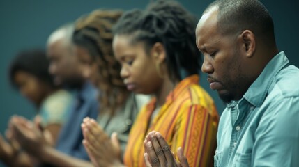 Obraz premium A group of people pray together for moral support holding hands and bowing their heads