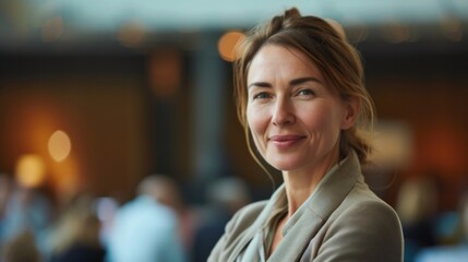 Fototapeta premium Female speaker at a conference with a confident and expressive look