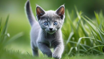 Cute Russian Blue kitten with blue eyes running on the lawn grass in the sunlight. Healthy lifestyle concept for pets. Advertising concept of cat food. Copy space