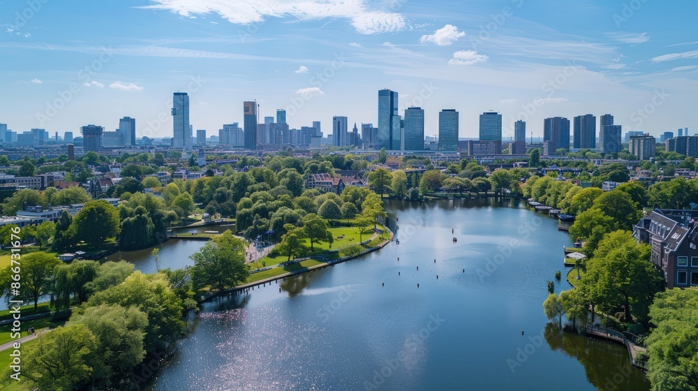 Poster a city with a river running through it. generate ai image