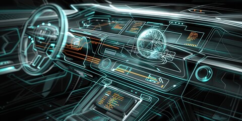 Engineering blueprints schematic of car dashboard interior