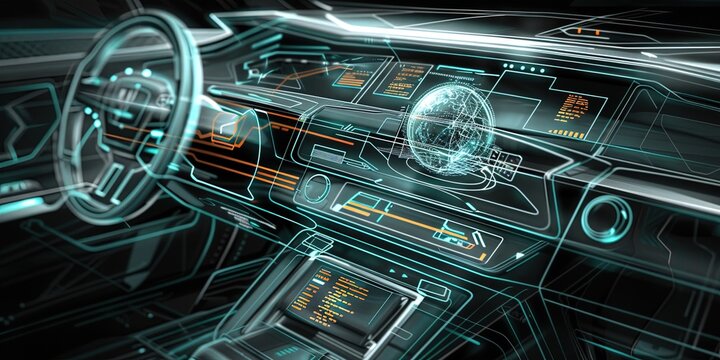 Engineering blueprints schematic of car dashboard interior