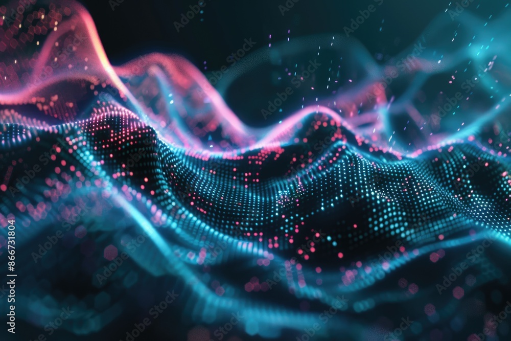 Poster A computer-generated image of a wave of blue and pink lights, suitable for use in digital designs, presentations, or as a background
