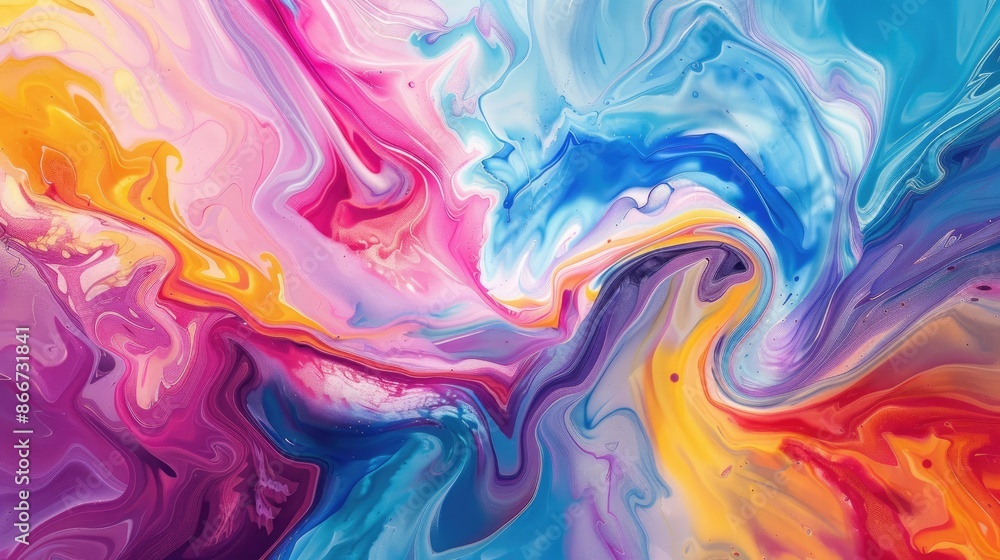 Poster colorful flow: bold modern abstract art using a liquid swirl technique, with vibrant colors creating