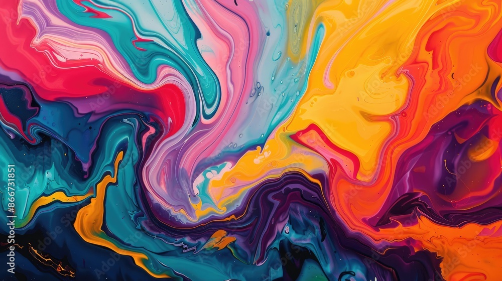Poster colorful flow: bold modern abstract art using a liquid swirl technique, with vibrant colors creating