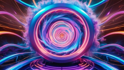 Abstract 3D Composition with Glowing Lines and Smoke - A vibrant 3D composition with swirling lines of light, a circular frame, and smoky effects.