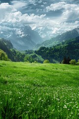Fototapeta premium A serene scene of lush green grass stretching out to meet majestic mountains in the distance