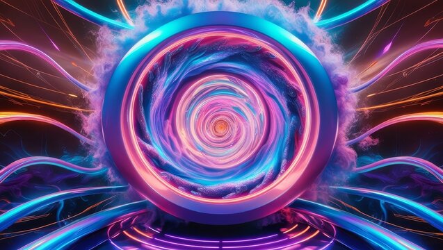 Abstract 3D Composition with Glowing Lines and Smoke - A vibrant 3D composition with swirling lines of light, a circular frame, and smoky effects.