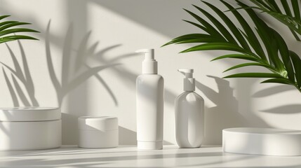 A white skincare lotion bottle placed next to other cosmetic products arranged on a clean and minimalist background