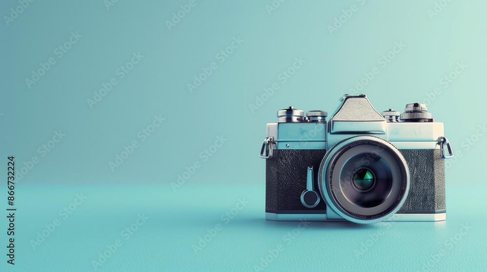 Poster A close-up shot of a camera with a lens resting on a blue surface, ideal for use in technology or photography-related contexts