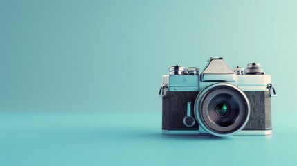 A close-up shot of a camera with a lens resting on a blue surface, ideal for use in technology or photography-related contexts