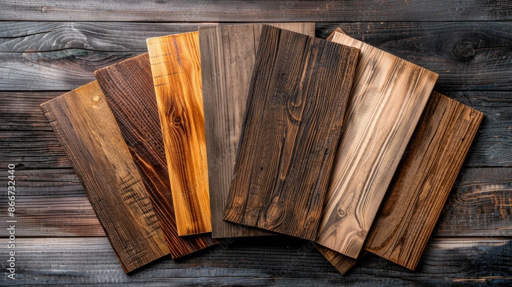 Poster close-up view of different types of wood planks arranged on a wooden surface, great for background o