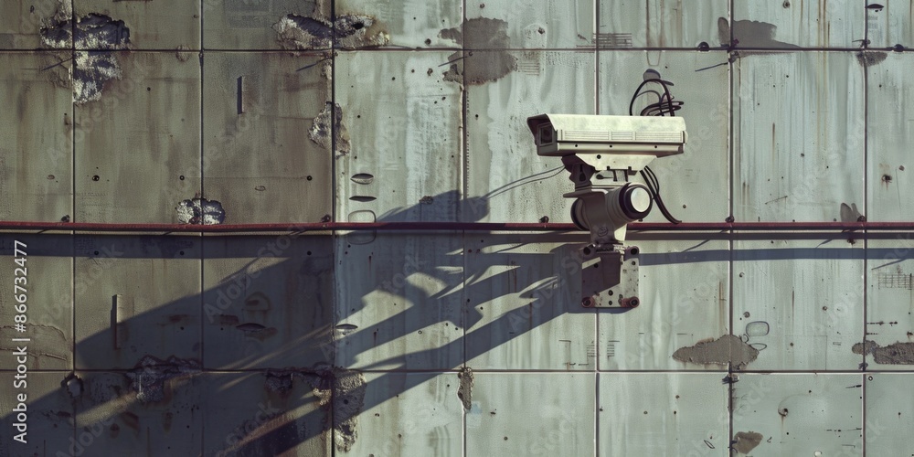 Poster A security camera installed on the side of a building with a clear view of the surrounding area