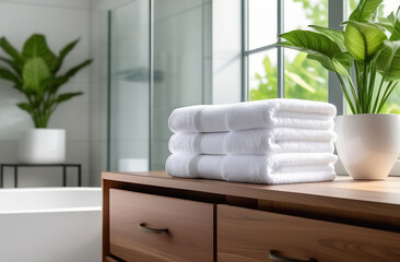 A stack of clean white terry towels in the bathroom