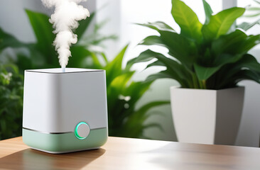 A white indoor humidifier against a background of deciduous plants.