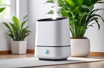 A white indoor humidifier against a background of deciduous plants.