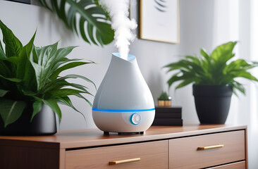 A white indoor humidifier against a background of deciduous plants.