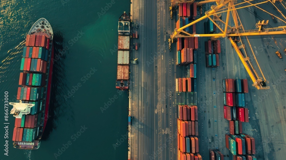 Poster transportation and logistic concept image with truck letting also see an harbor with container ship.