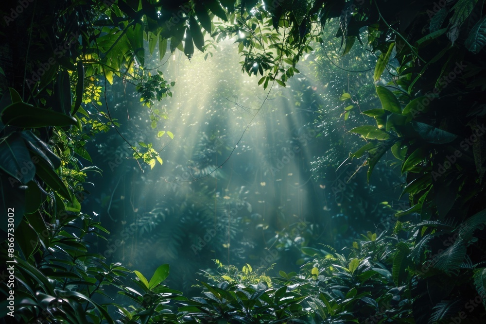 Poster a sunny day in the jungle with sunlight shining through the trees and leaves