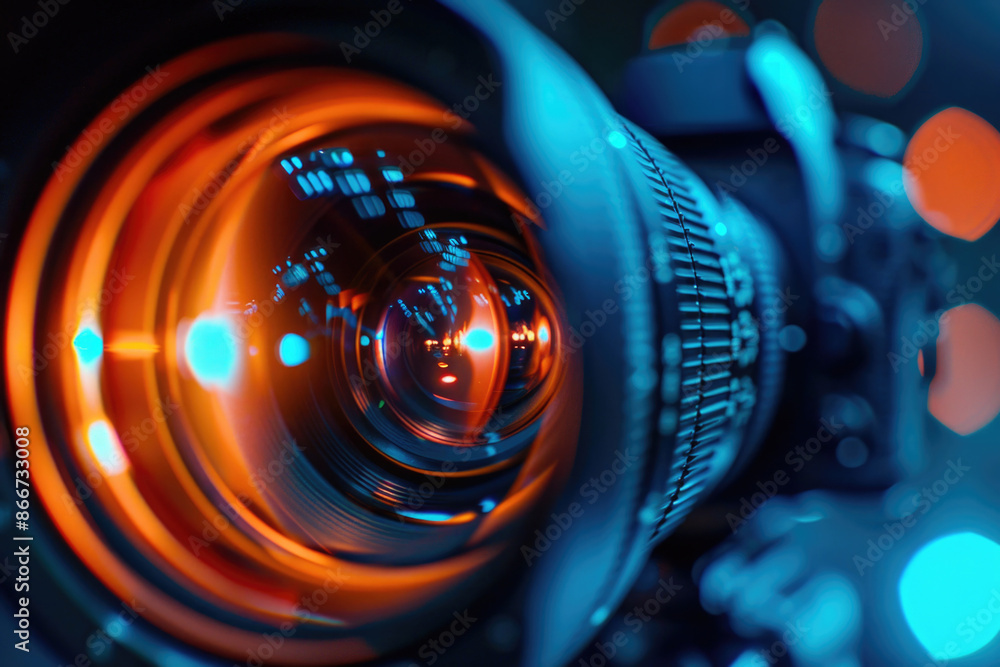 Poster a detailed shot of a camera lens showing its intricate mechanisms