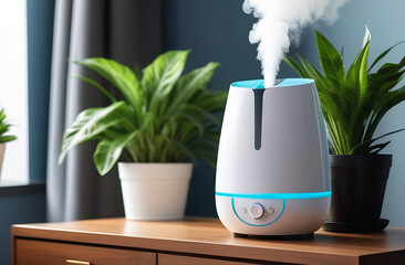 A white indoor humidifier against a background of deciduous plants.