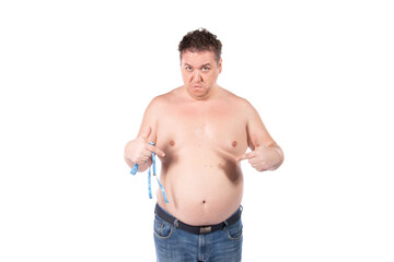 Funny fat man on a diet. Guy posing on a white background.