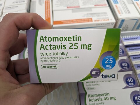 Prague, Czech Republic - July 10 2024: ATOMOXETIN ACTAVIS box of medication with ATOMOXETINE active substance by ACTAVIS, used for treatment of ADHD.