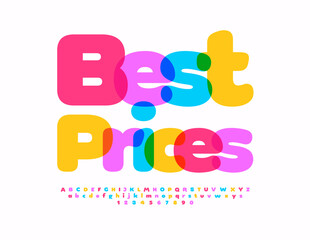Vector marketing promo Best Prices. Cute Colorful Font. Bright Creative Alphabet Letters and Numbers.