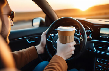 A man's hand holds coffee at the wheel of a car at dawn.