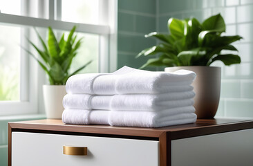 A stack of clean white terry towels in the bathroom