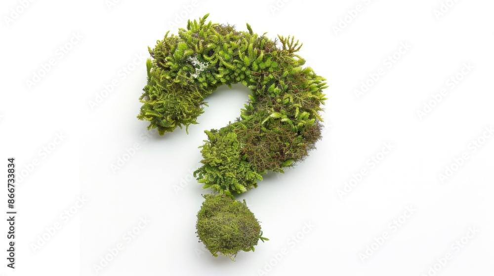 Poster a moss-covered question mark on a white surface, suitable for use in designs about simplicity, natur