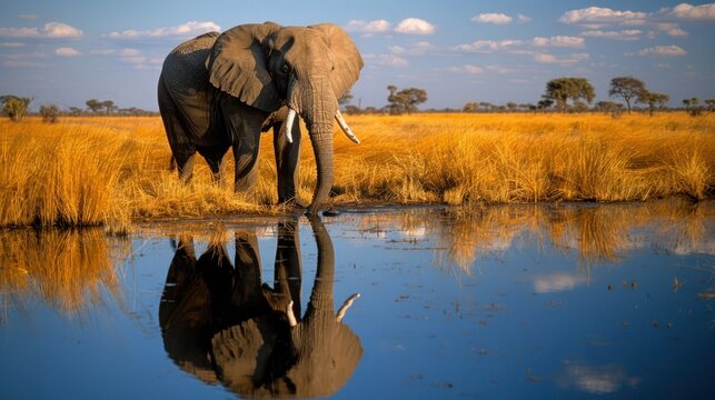 African Elephant Drinking from a Waterhole