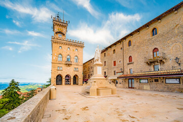 Fototapeta premium San Marino city view. Fortress on the rock. San Marino landmark. Italy. Narrow street in the old town in Italy