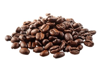 A pile of coffee beans on a white surface