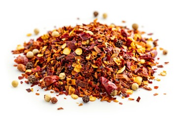 A close-up shot of a pile of dried chili flakes on a white surface