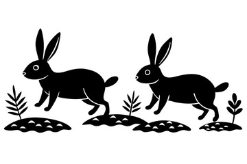 Rabbits hopping through a field vector silhouette