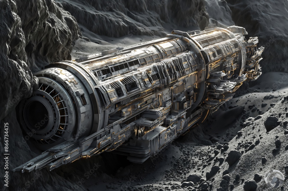 Poster futuristic spaceship is docked at a mining colony built into the side of an asteroid
