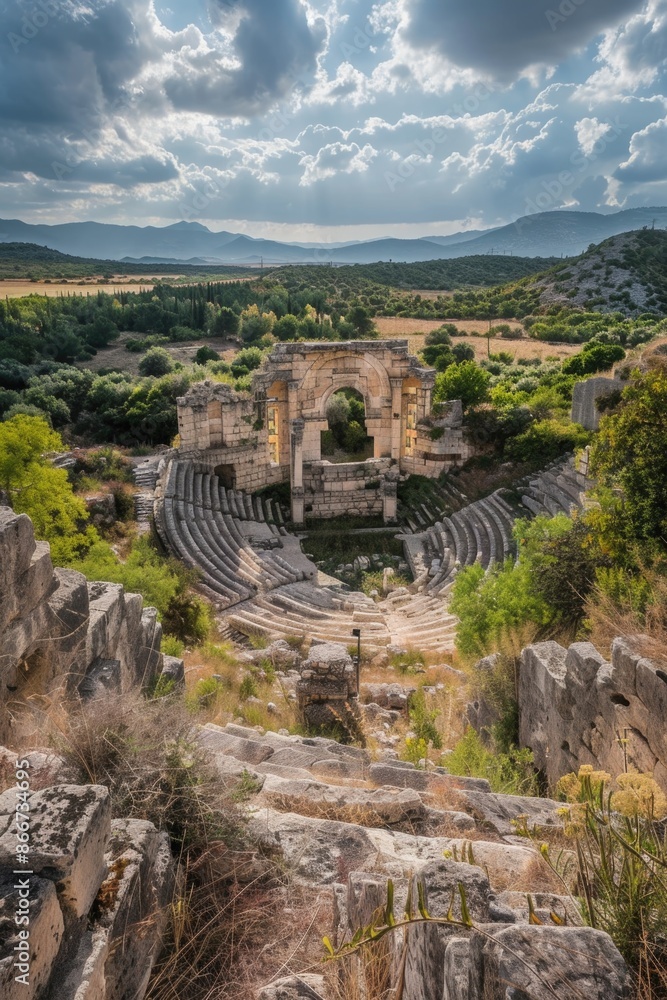Poster a scenic view of a roman amphitheater located in a peaceful countryside setting, suitable for use as