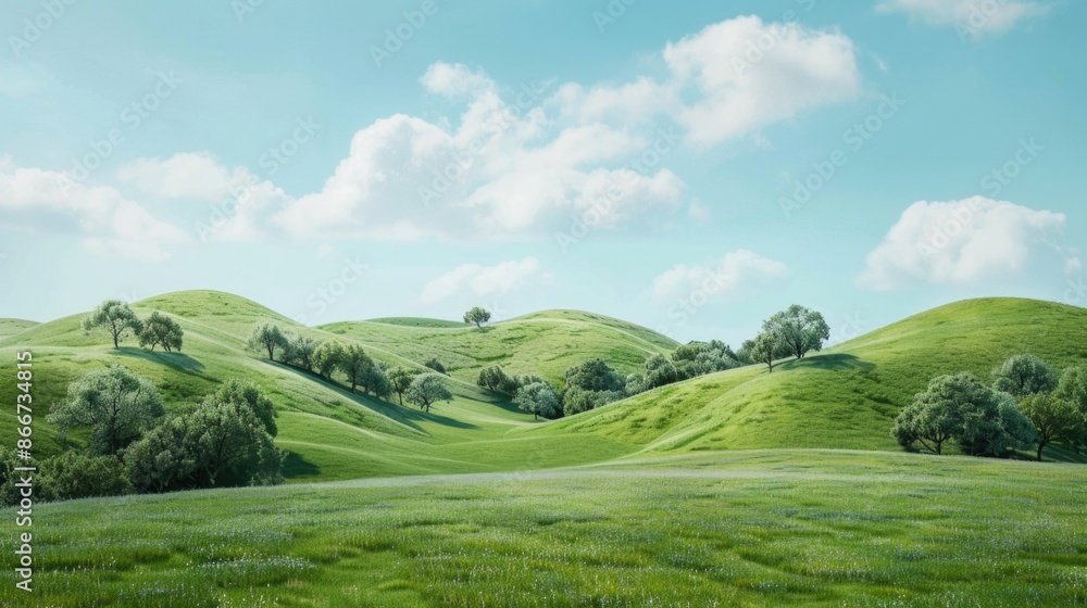 Poster lush green grass with trees visible in the background