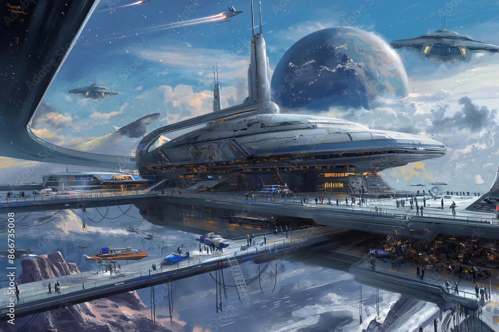 Aufkleber futuristic spaceport with spaceships taking off and docking with a planet in the background