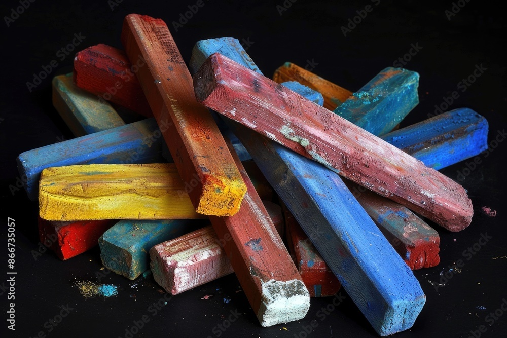 Poster A collection of colorful chalk sticks lying on a dark background, perfect for art projects or illustrations